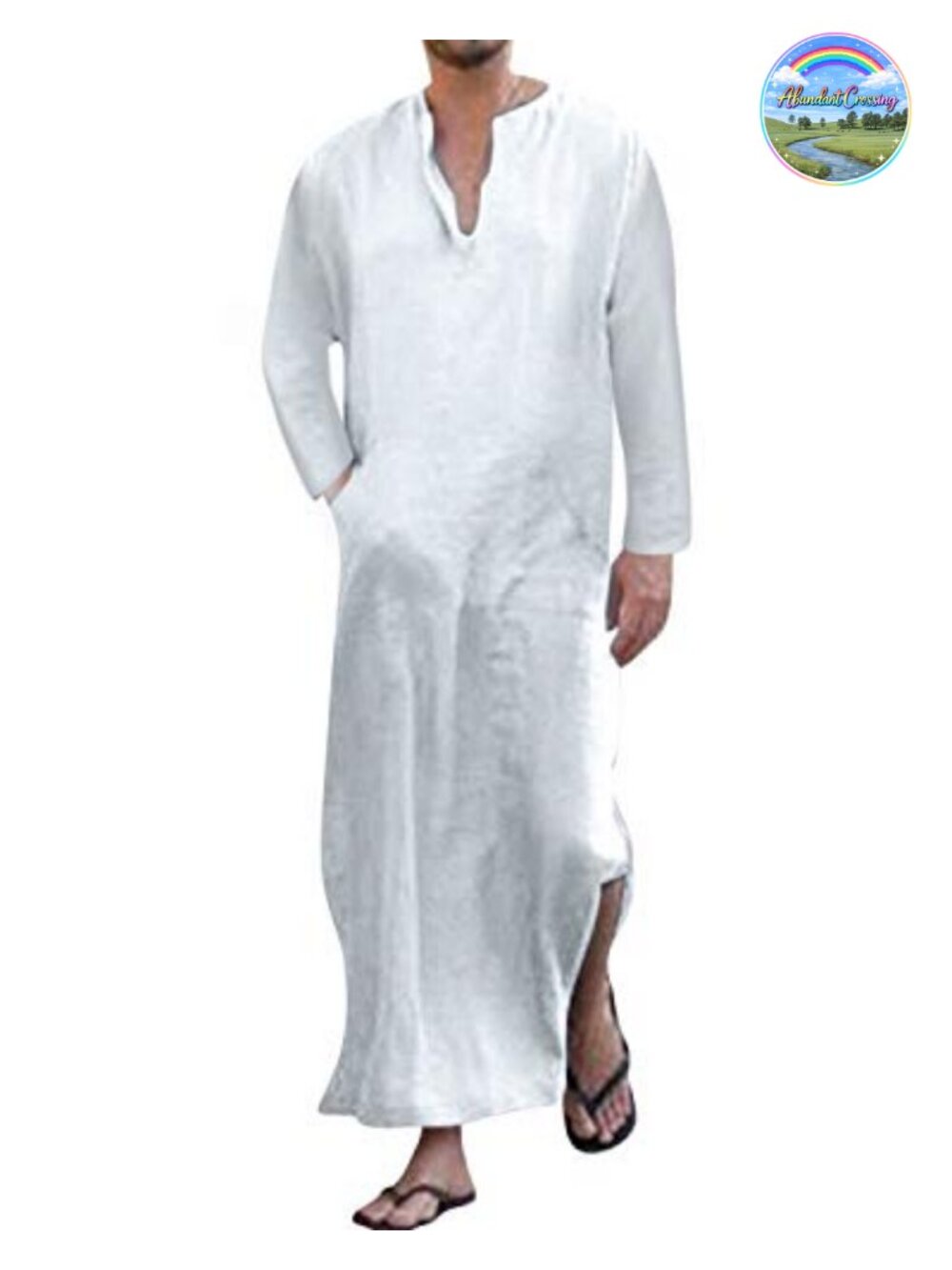 Men's Cotton Linen Kaftan Thobe Long Sleeve Casual Arabic Robe with Pockets